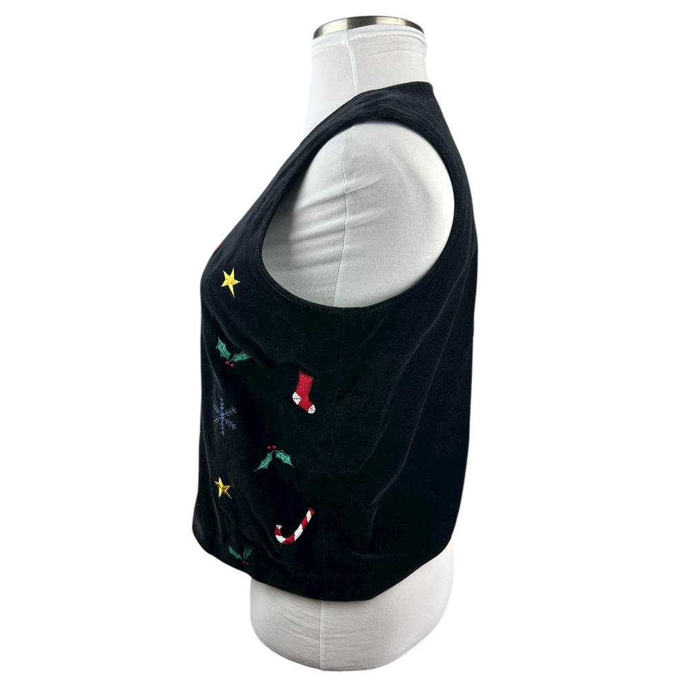 Talbots Christmas Themed Black Velvet Lined Button Up Vest Holiday Print Large - Picture 9 of 14